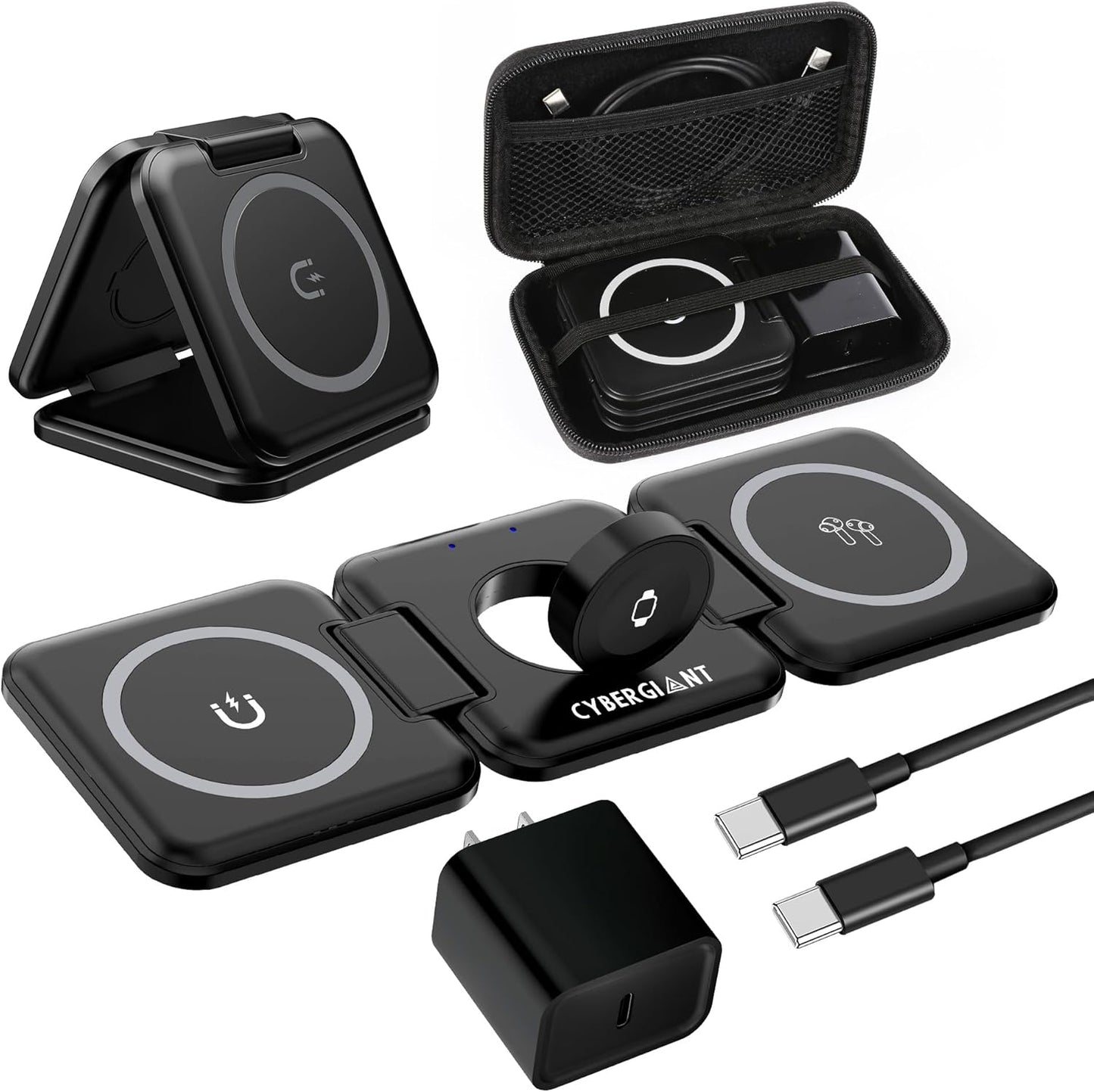 3 in 1 Apple Charging Station for iPhone Airpods iWatch - Travel Charger for Multiple Devices, Portable Foldable Charging Station - Magnetic iPhone Charger with Adaptor&Case (Black)