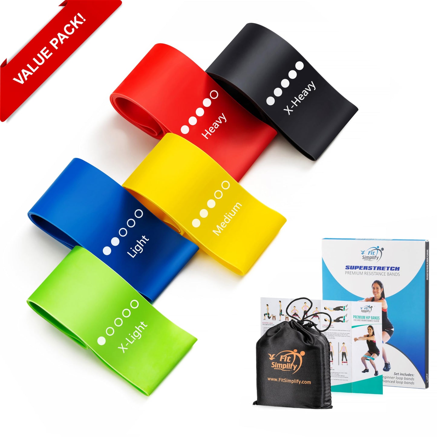 Fit Simplify Resistance Loop Exercise Bands with Instruction Guide and Carry Bag, Set of 5